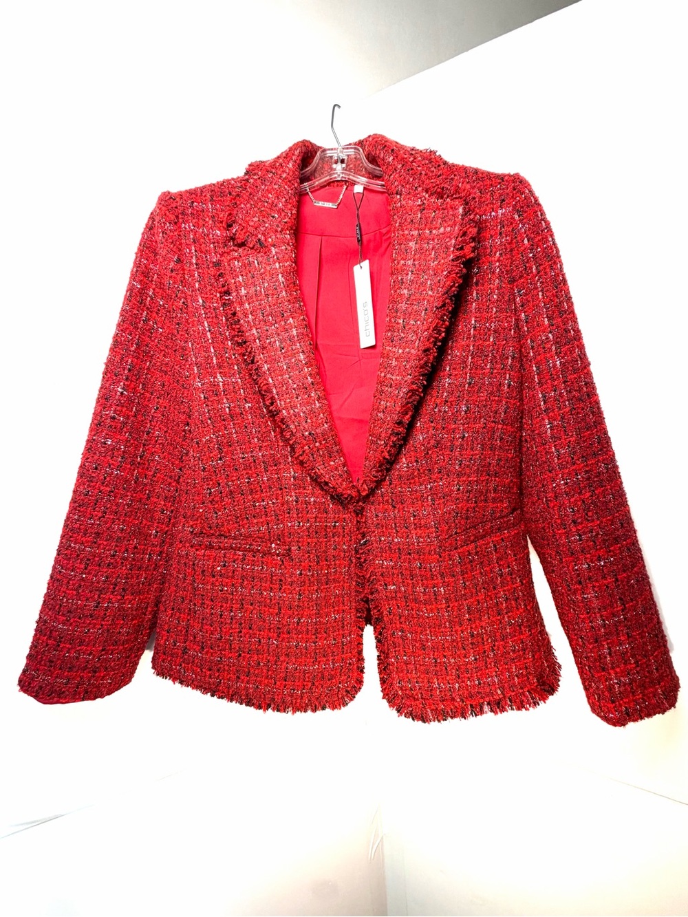 Chico's Red Tweed Fringed Blazer Jacket